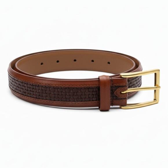Allen Edmonds Mens 42 Woven Basketweave Calfskin Leather Solid Brass Dress Belt - Picture 1 of 11